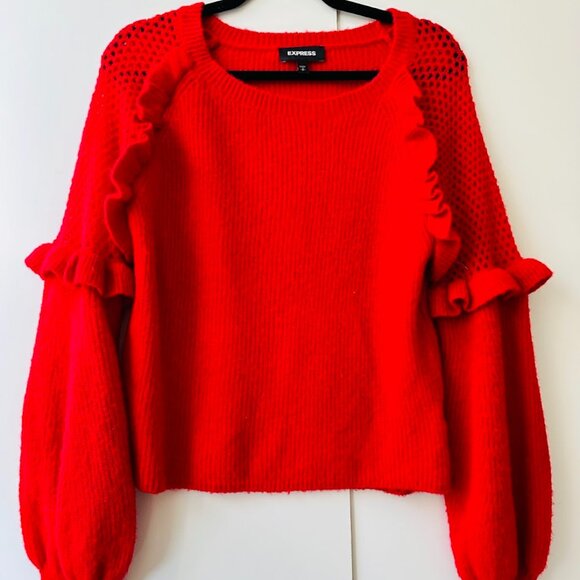 Express Women Red Knit Ruffled Eyelet Detail Ballon Sleeve Pullover Sweater Sz S - Picture 1 of 11